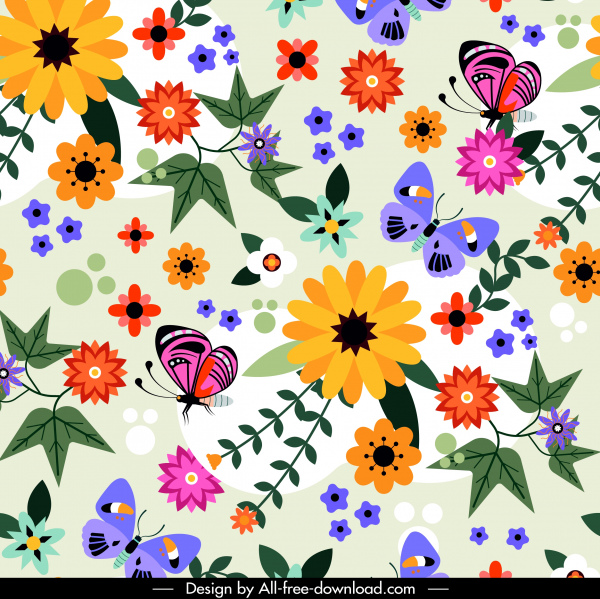 nature pattern colorful flowers butterflies decor flat design
