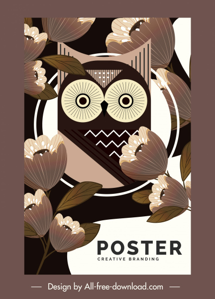 nature poster owl flowers sketch classic design