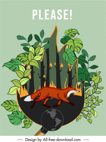 nature protection banner forest fire disaster fox sketch