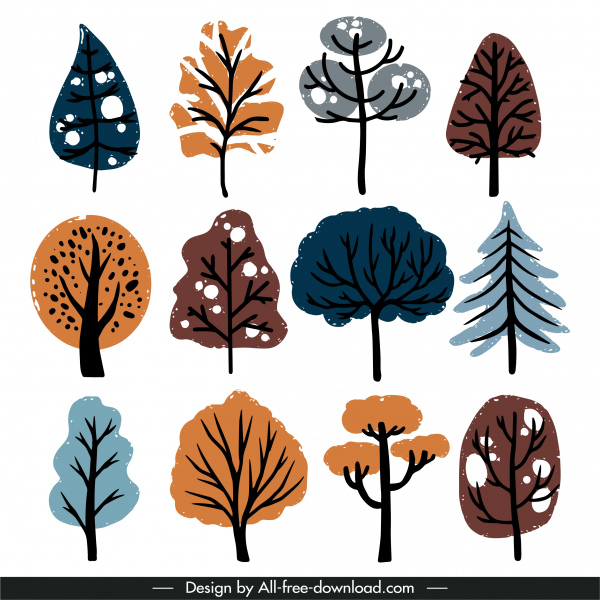 nature trees icons flat retro handdrawn design