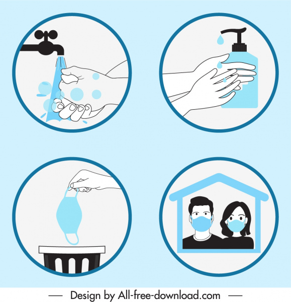 ncov epidemic prevention icons flat handdrawn symbols sketch
