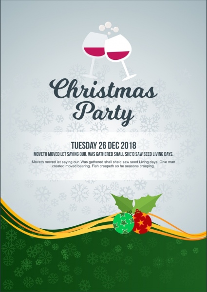 neat christmas party invitation poster with christmas trees in bottom and ornaments and merry christmas wish