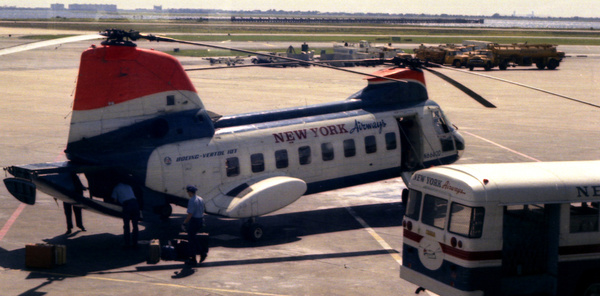 new york airways helicopter at jfk airport in 1967 after flying from the top of the pan am building in downtown new york city another view