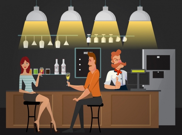 night bar drawing bartender guest icons colored cartoon
