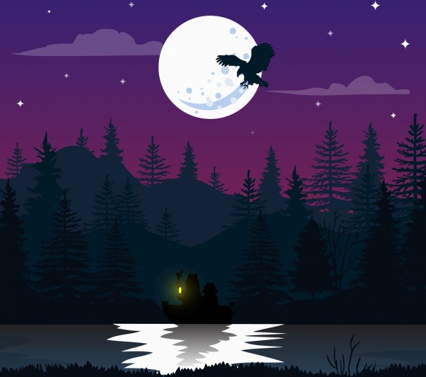 night natural scene drawing moonlight lake bird icons