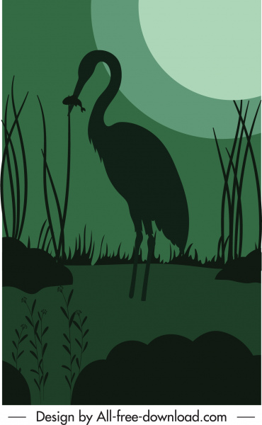 night nature painting dark silhouette moonlight crane sketch