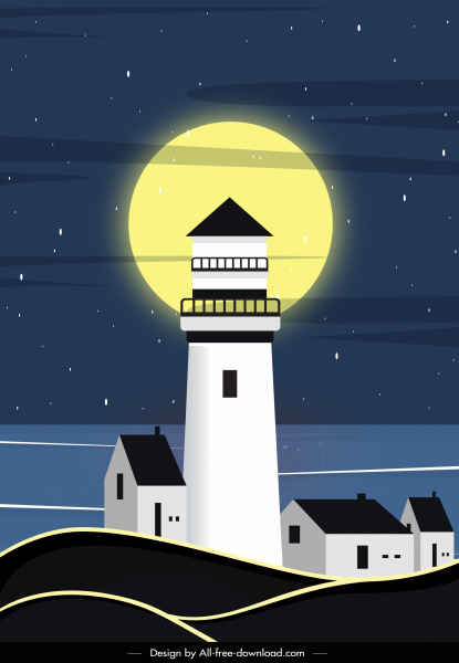 night sea scene painting moon lighthouse sketch