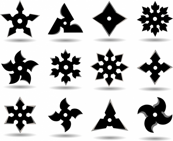 ninja stars weapon tool icons symmetric black sketch