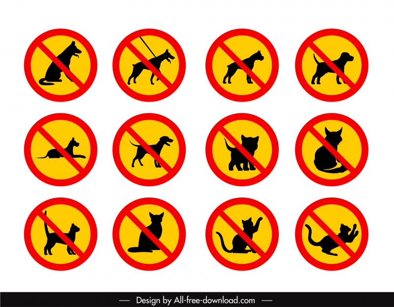 no pet allow sign templates collection flat silhouette dogs cats 