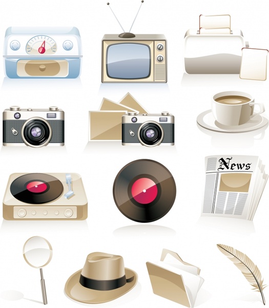nostalgic objects icons colored 3d design