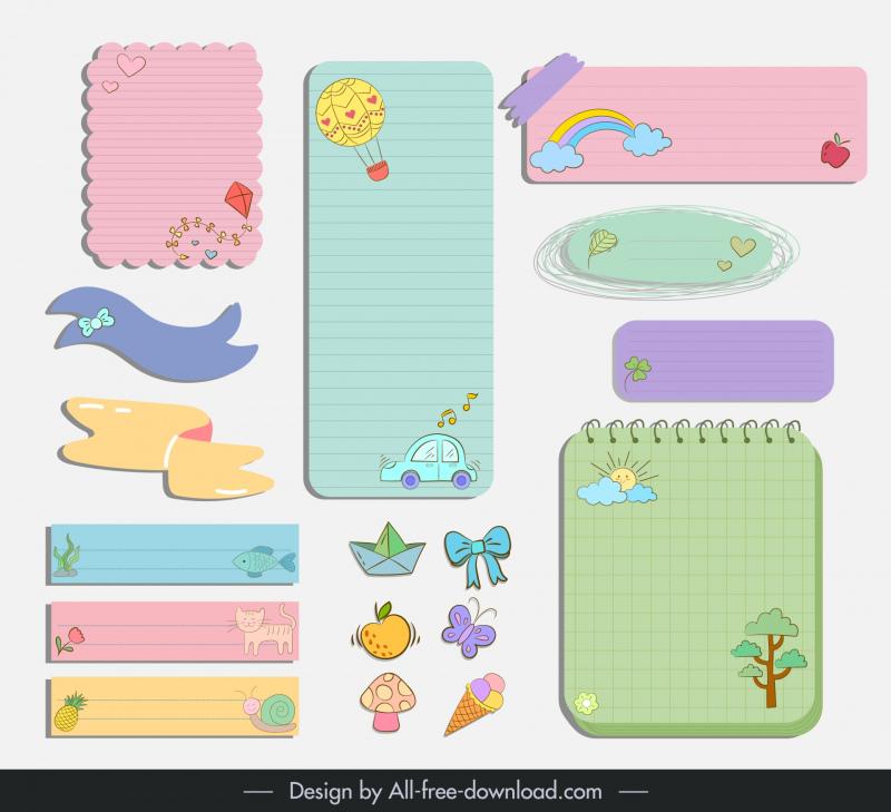   notepad paper design elements cute handdrawn symbols 