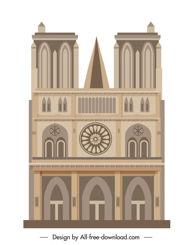 notre dame cathedral icon flat classical symmetric sketch