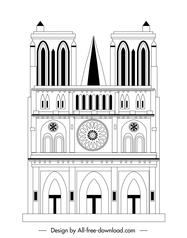notre dame cathedral template symmetric flat black white handdrawn outline 
