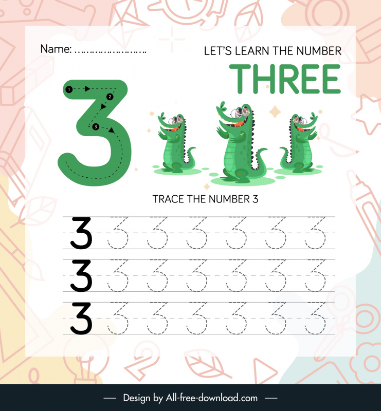number three worksheet for kids template funny cartoon crocodile icons sketch