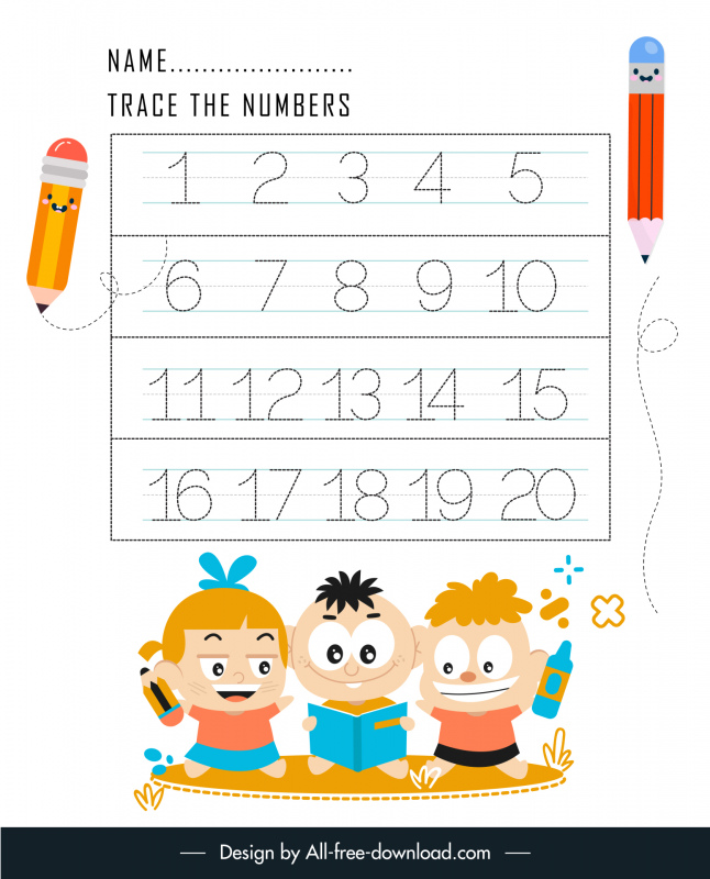 number tracing worksheet for kids template cute cartoon characters pencils decor