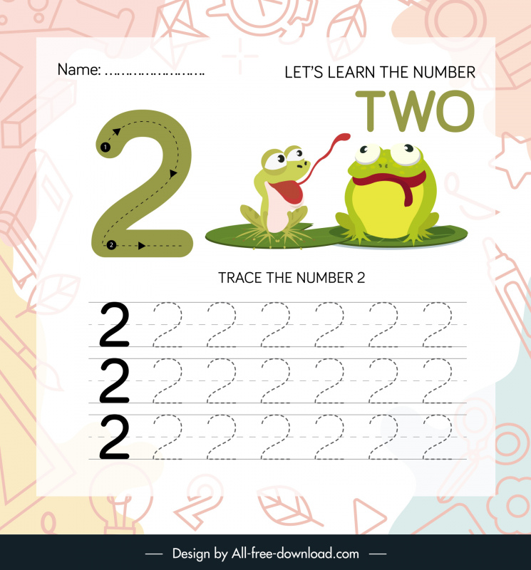 number two worksheet for kids education template funny cartoon frogs sketch