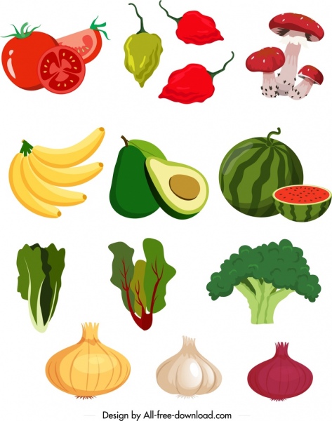 nutritious food icons colorful vegetables ingredients fruits sketch