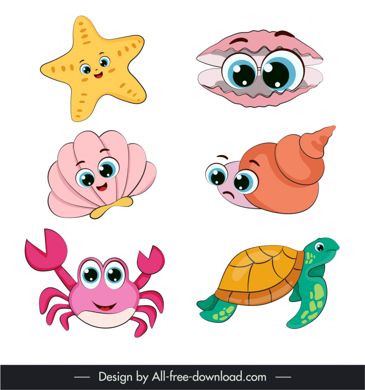 ocean animals icons cute stylized cartoon sketch