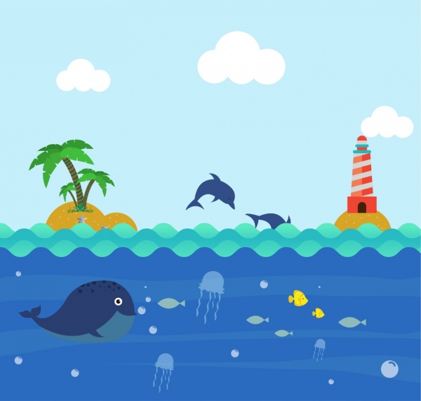 ocean background colorful cartoon design playful dolphin icons 