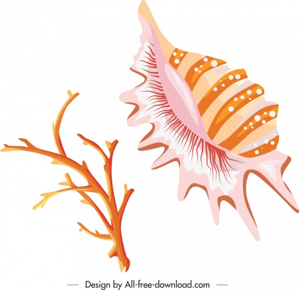 ocean creatures icons shell coral sketch bright design