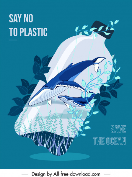 ocean protection banner plastic bottle sea elements sketch