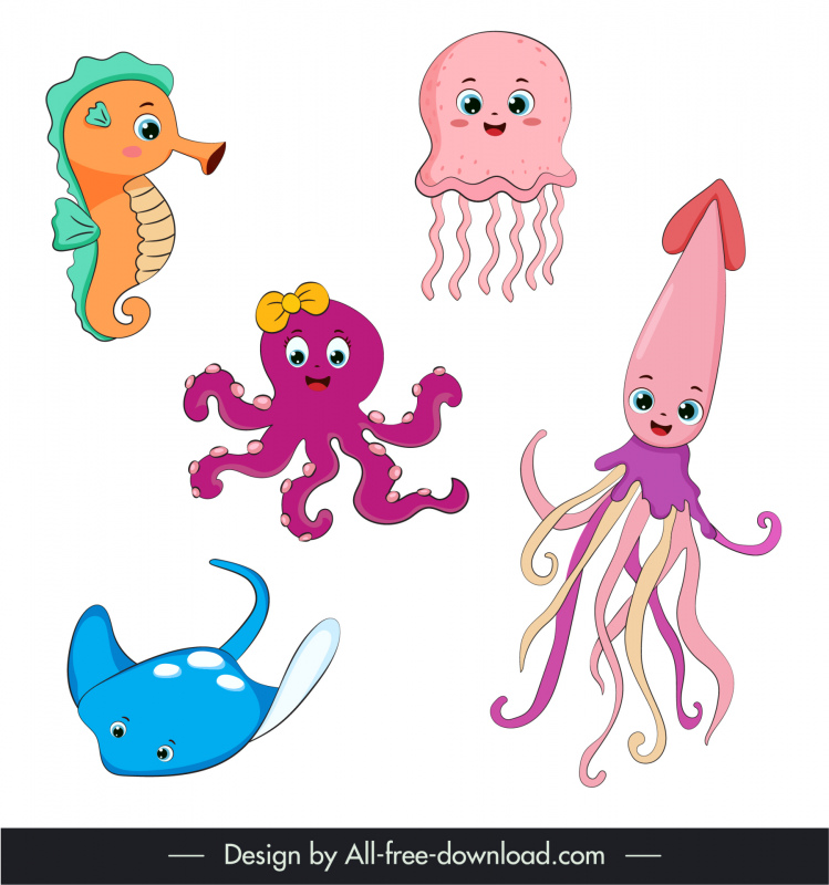 ocean species icons cute stylized cartoon sketch