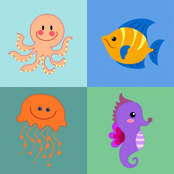 octopus seahorse jelly fish icons colorful cartoon isolation