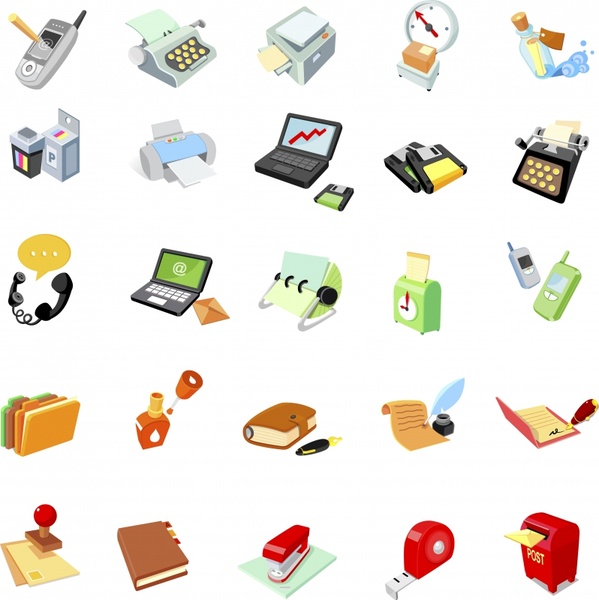 office stationary icons colored modern 3d sketch 