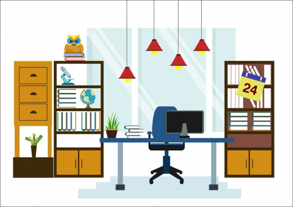 office workspace decoration shelf table hanging lights icons