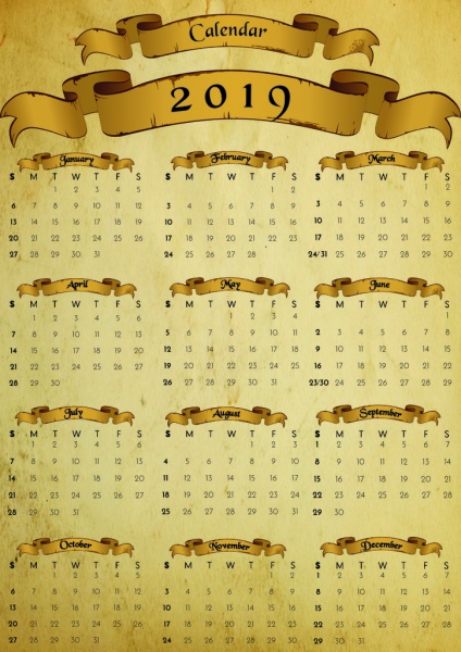 old antique paper calendar 2019