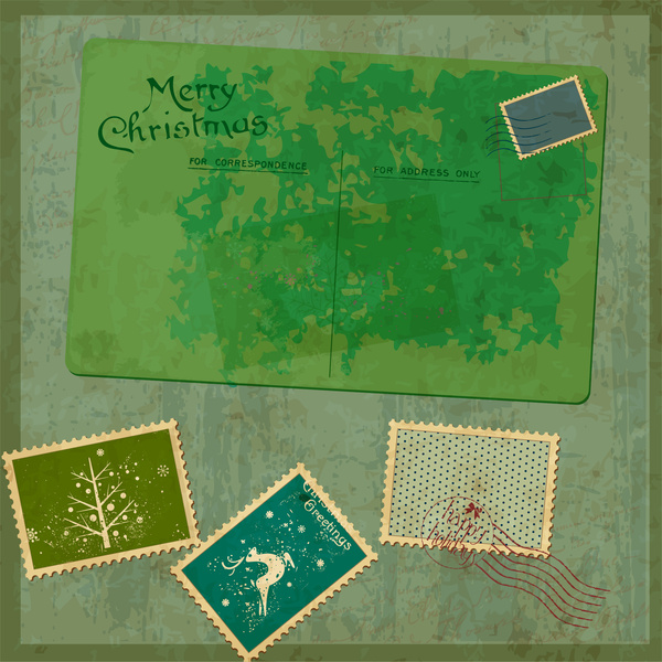 old merry christmas card with stamp