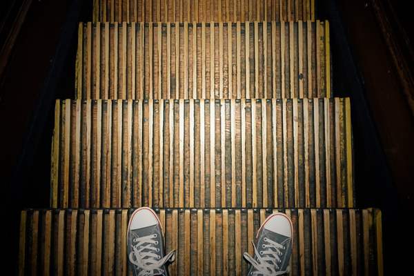 on macys wooden escalators 