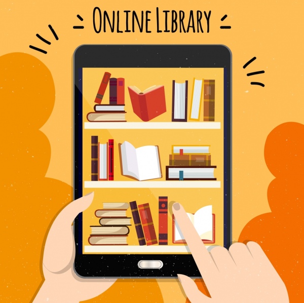 online library advertisement smartphone bookshelf hands icons 