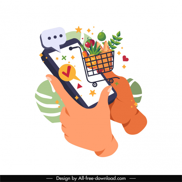 online shopping application icon smartphone hand trolley sketch