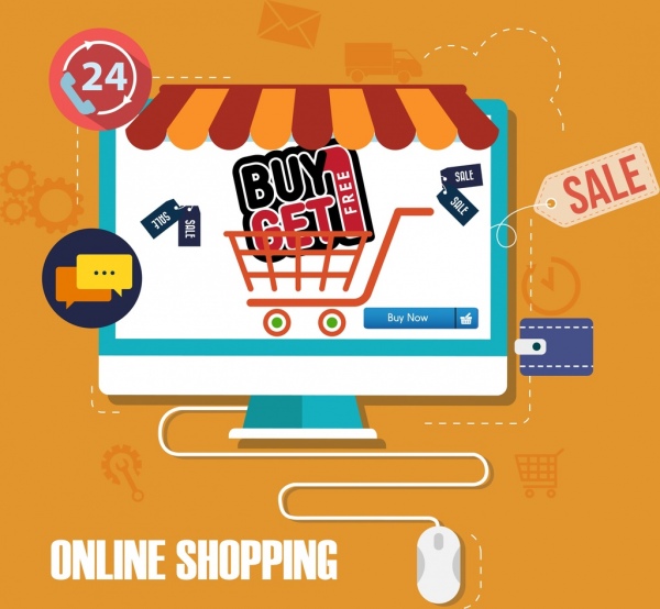 online shopping background computer screen trolley icons decor