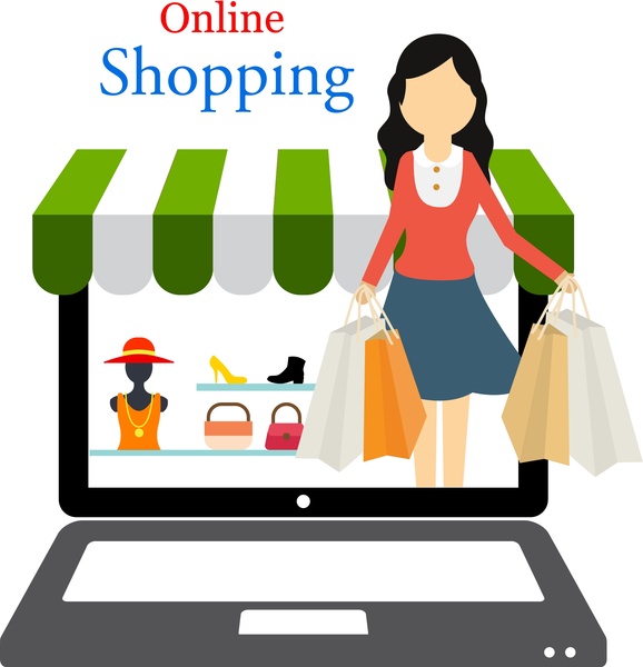 Online shopping concept woman shopping in laptop design Vectors graphic