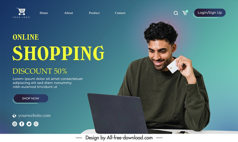 online shopping landing page discount template happy man laptop design