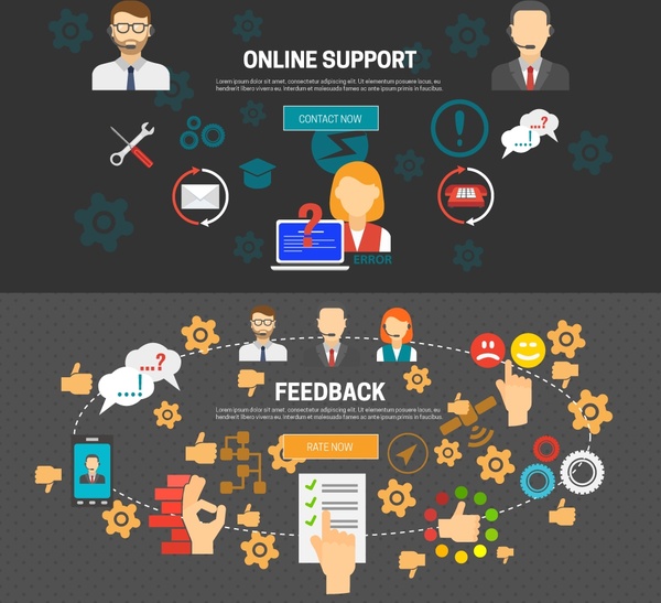 online support banners design with interfaces on dark