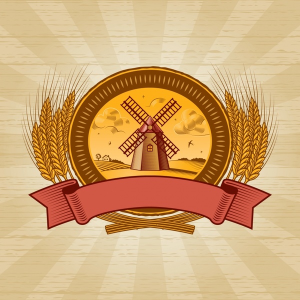 farming logotype classical symmetric wheat ribbon windmill sketch