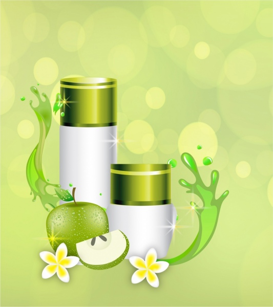 organic cosmetic advertisement flowers apple cream tube icons 