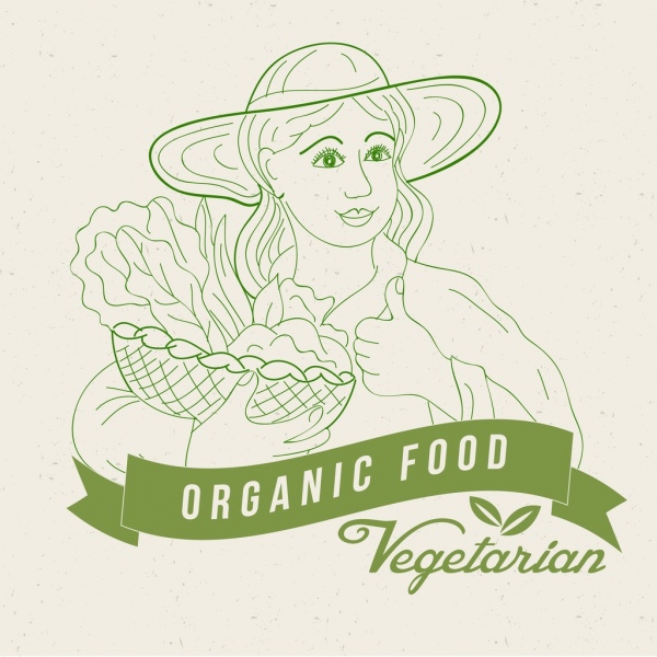 organic food advertisement woman icon green sketch