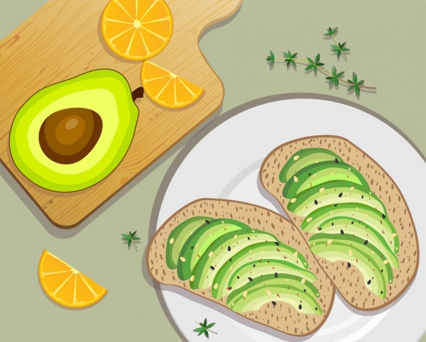 organic food background avocado orange bread icons