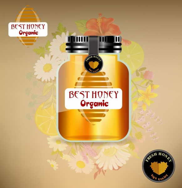 organic honey advertisement shiny yellow jar flowers icons