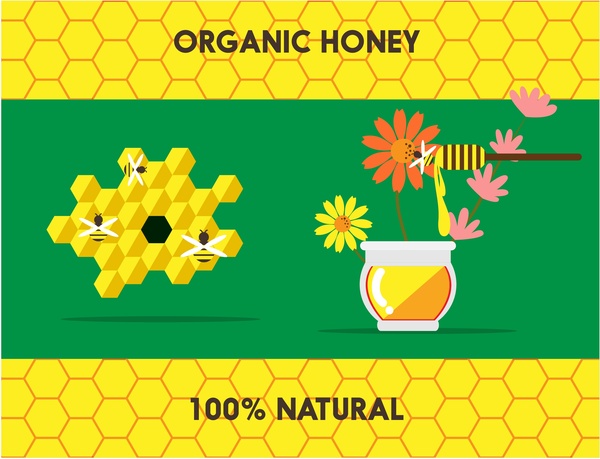 organic honey banner symbol elements on honeycomb background
