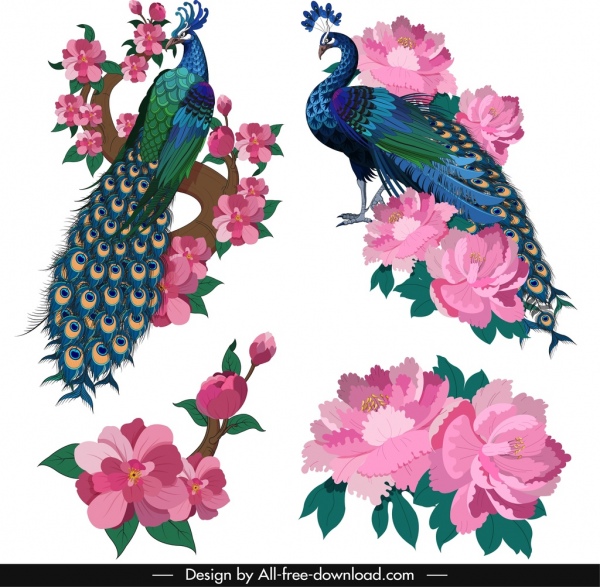 oriental painting design elements peacocks flowers icons sketch