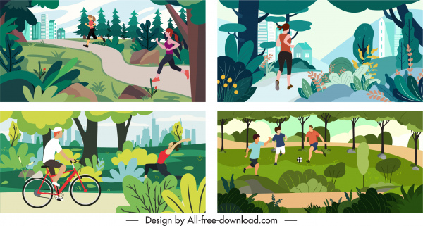 outdoor activities background templates colorful cartoon sketch 