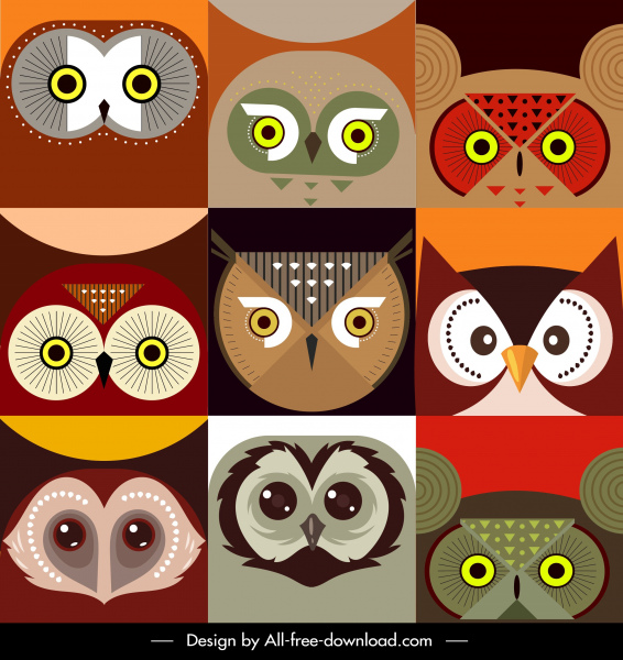 owl faces backgrounds colorful flat symmetric sketch