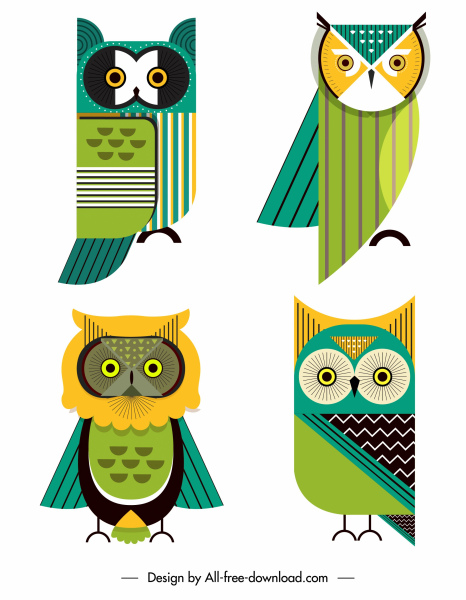owl icons colorful flat sketch