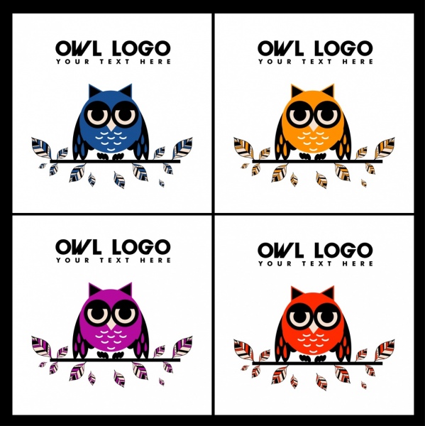 owl logotypes multicolored sketch leaves decoration