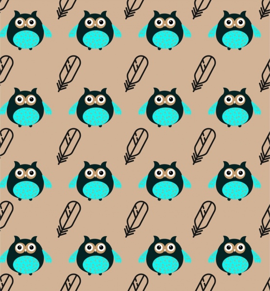 owls and feathers background repeating pattern design 